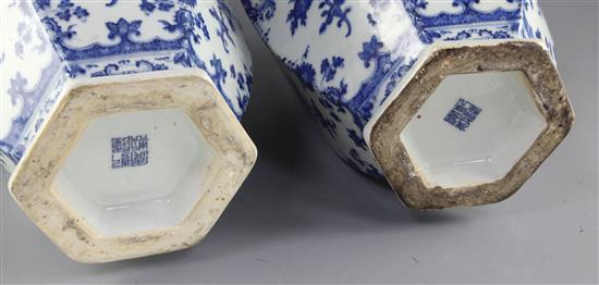 A pair of Chinese blue and white hexagonal baluster vases,